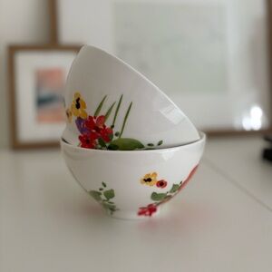 Anthropologie Floral Colorful Ceramic Cereal Bowls | White Bowl w/ Flowers, set